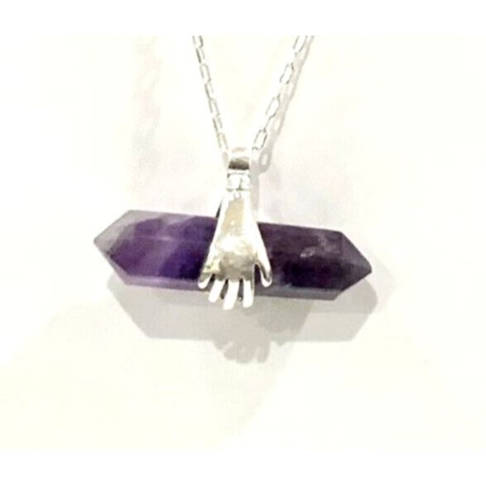 Hands Holding Chevron Amethyst Two Pointed Pendent With Chain